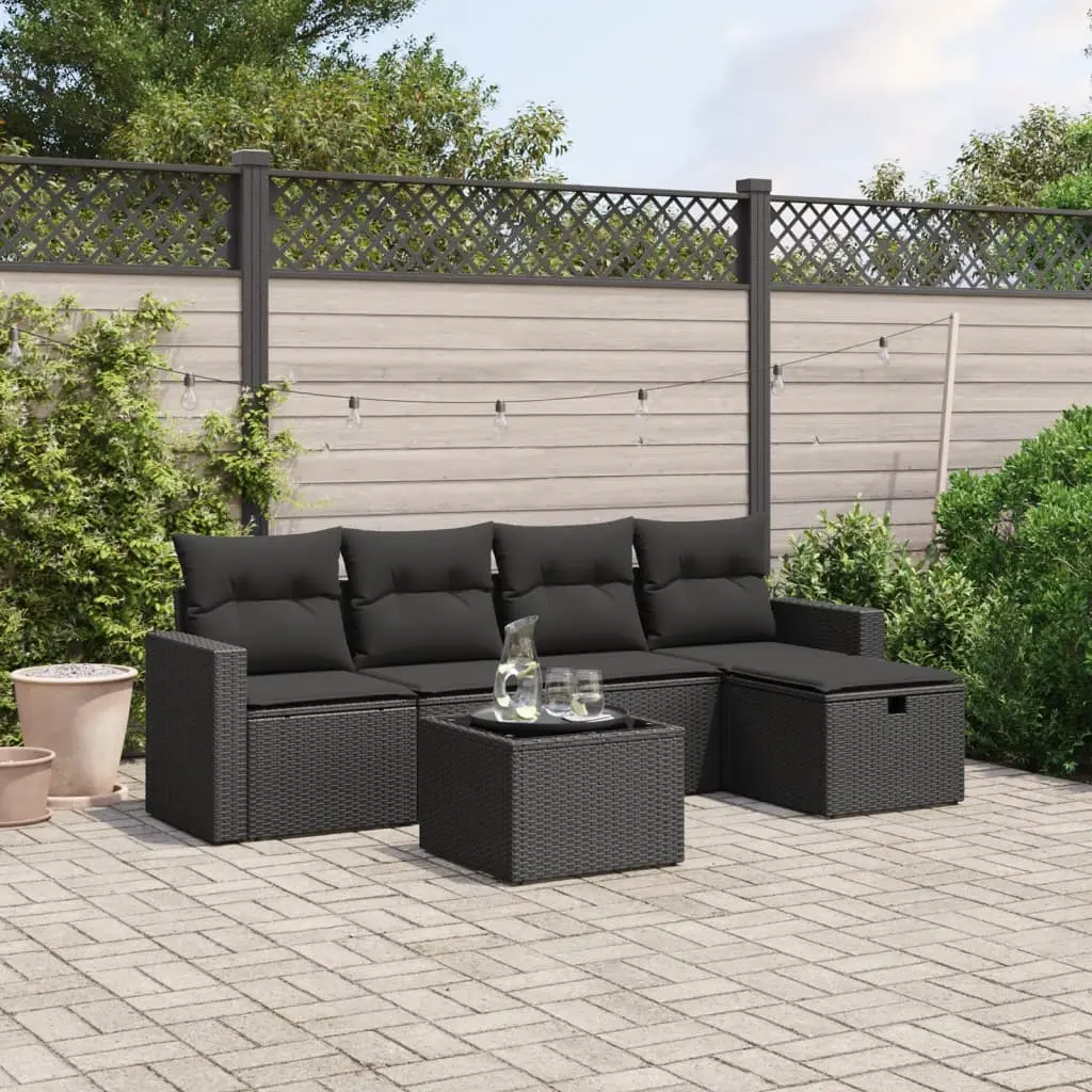 Set Divano da Giardino 6 pz con Cuscini Nero in Polyrattan