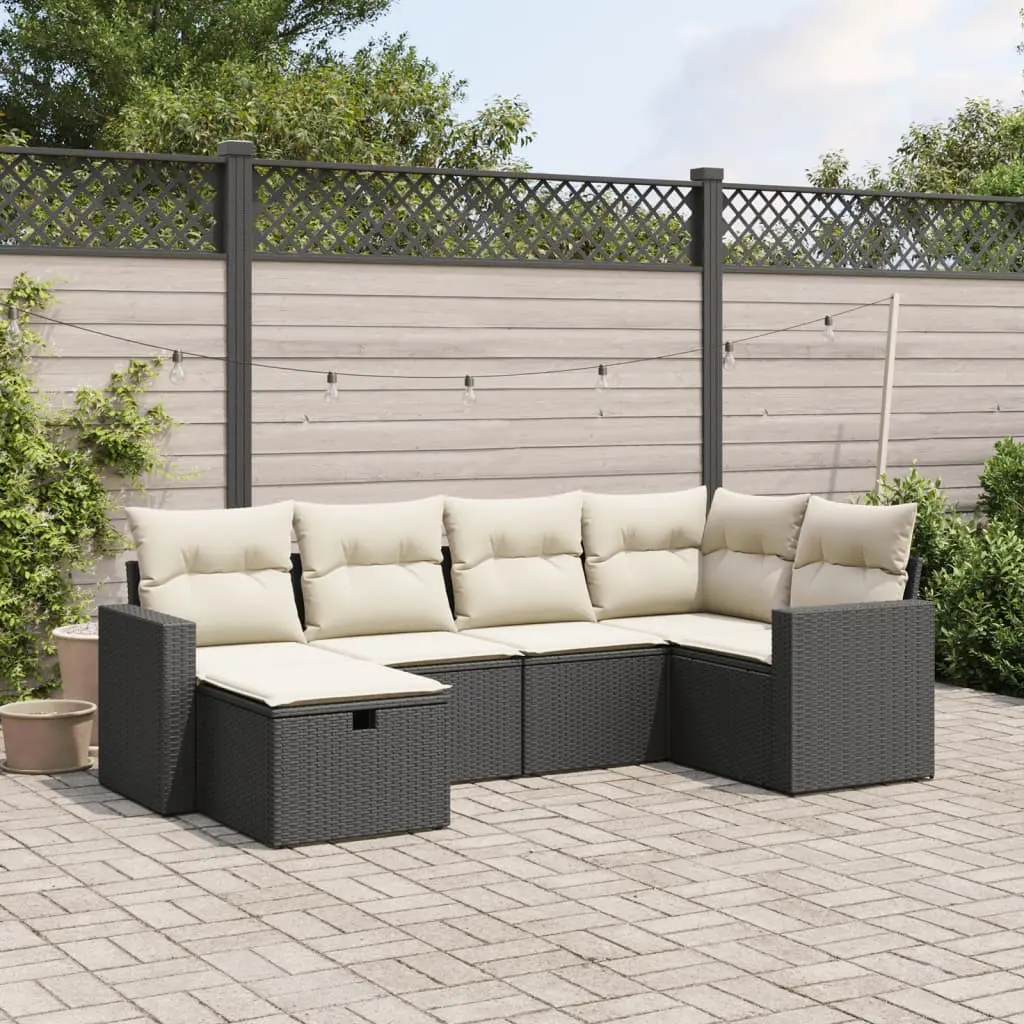 Set Divano da Giardino 6 pz con Cuscini Nero in Polyrattan