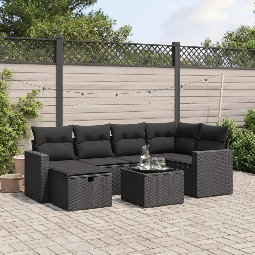 Set Divani da Giardino con Cuscini 7pz Nero Polyrattan