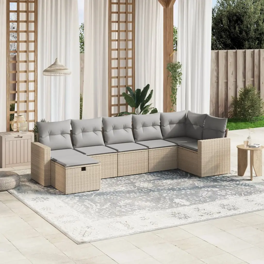 Set Divano da Giardino 7 pz con Cuscini Beige Misto Polyrattan