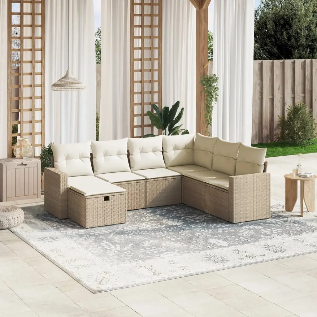 Set Divani da Giardino 7 pz con Cuscini Beige in Polyrattan