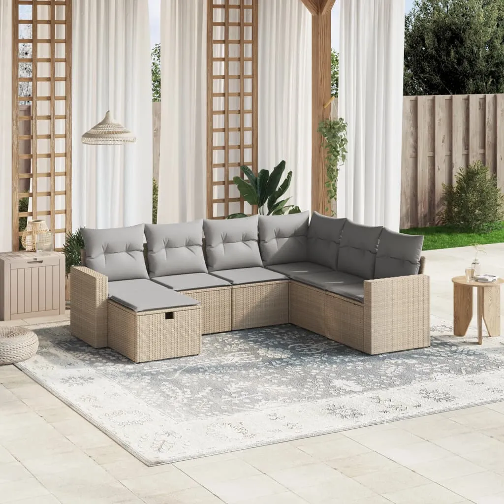 Set Divano da Giardino 7 pz con Cuscini Beige Misto Polyrattan