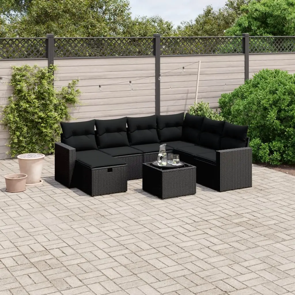 Set Divani da Giardino con Cuscini 8 pz Nero in Polyrattan