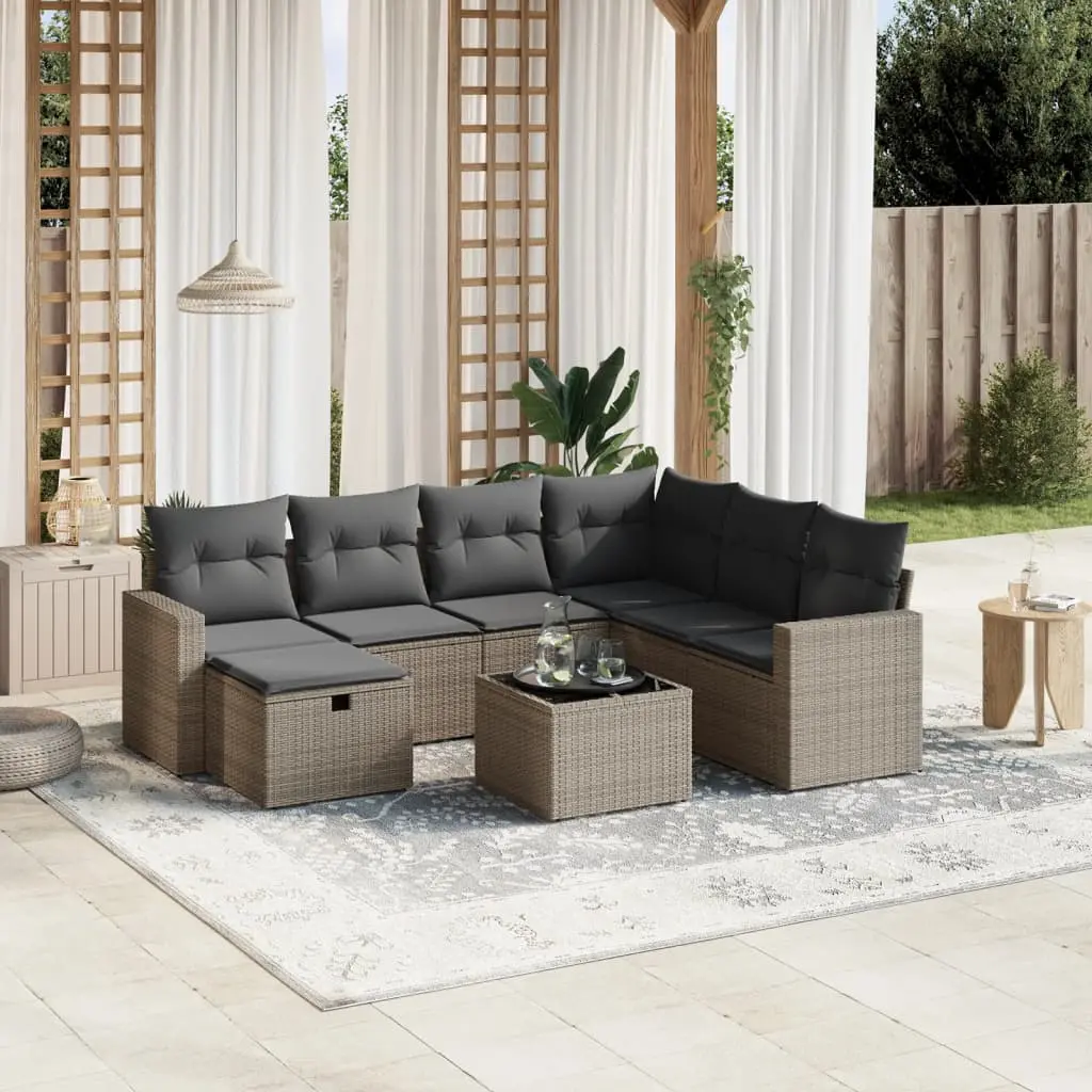 Set Divano da Giardino 8 pz con Cuscini Grigio in Polyrattan