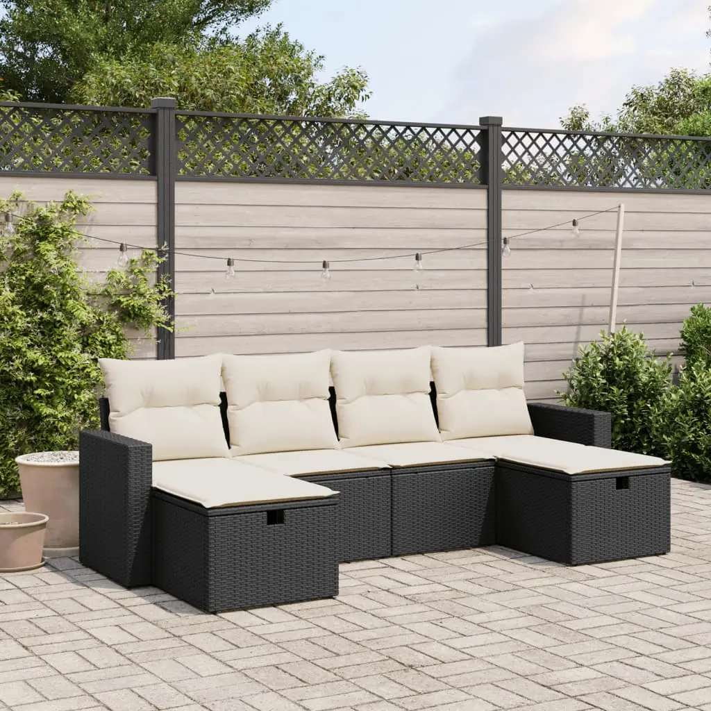 Set Divano da Giardino 6 pz con Cuscini Nero in Polyrattan