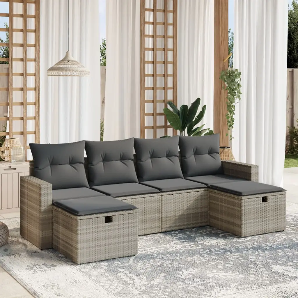 Set Divano da Giardino 6pz con Cuscini Grigio Chiaro Polyrattan