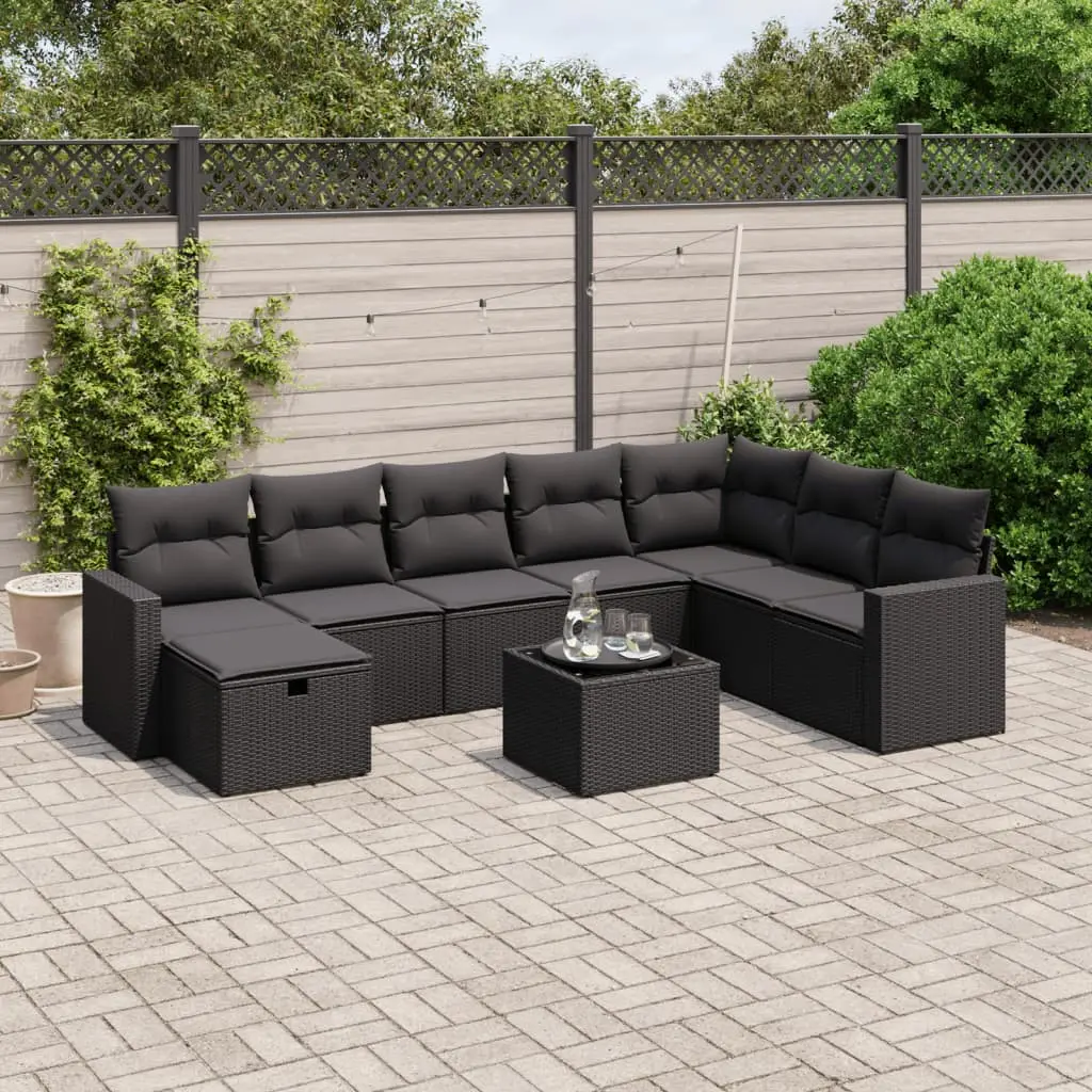 Set Divani da Giardino 9 pz con Cuscini Nero in Polyrattan