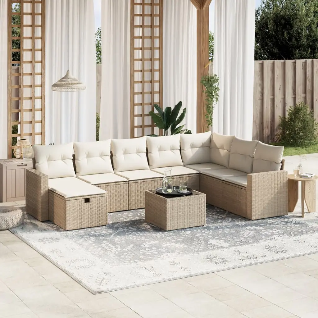 Set Divano da Giardino 9 pz con Cuscini Beige in Polyrattan