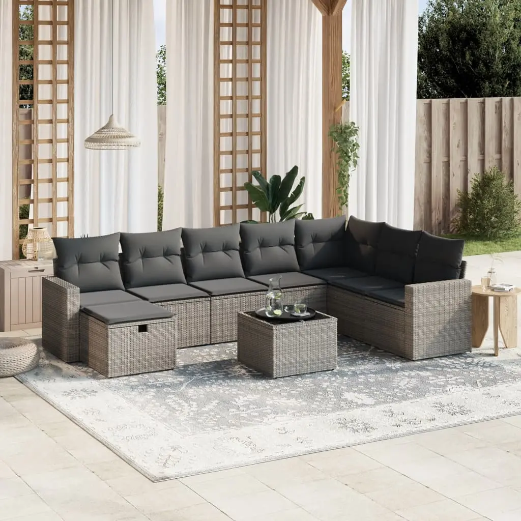 Set Divano da Giardino 9 pz con Cuscini Grigio in Polyrattan