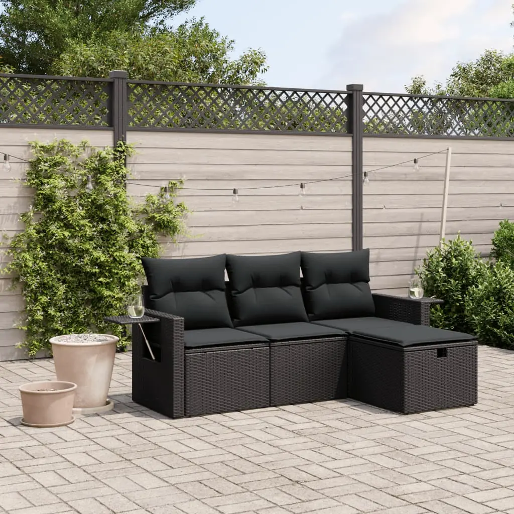 Set Divani da Giardino 4 pz con Cuscini Nero in Polyrattan