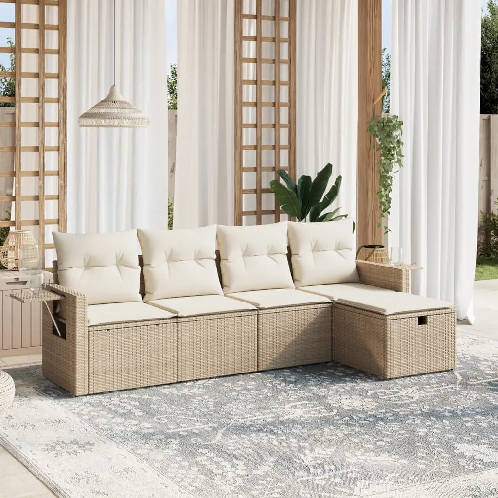 Set Divano da Giardino 5 pz con Cuscini Beige in Polyrattan