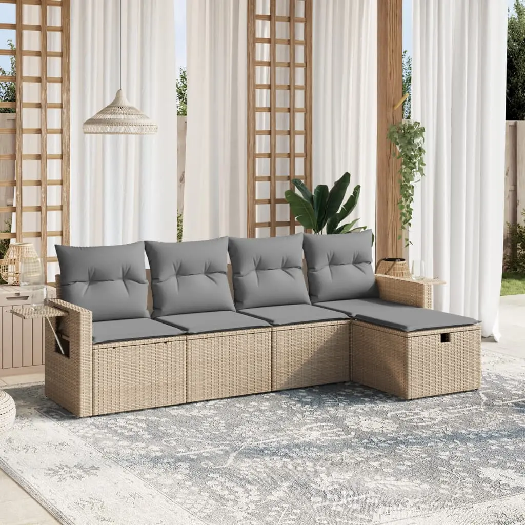 Set Divano da Giardino 5 pz con Cuscini Beige Misto Polyrattan