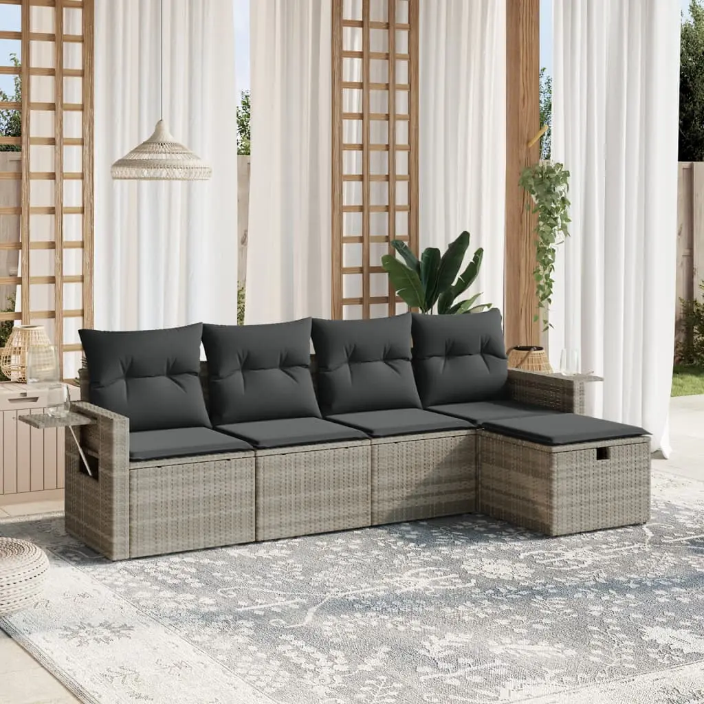 Set Divano da Giardino 5pz con Cuscini Grigio Chiaro Polyrattan