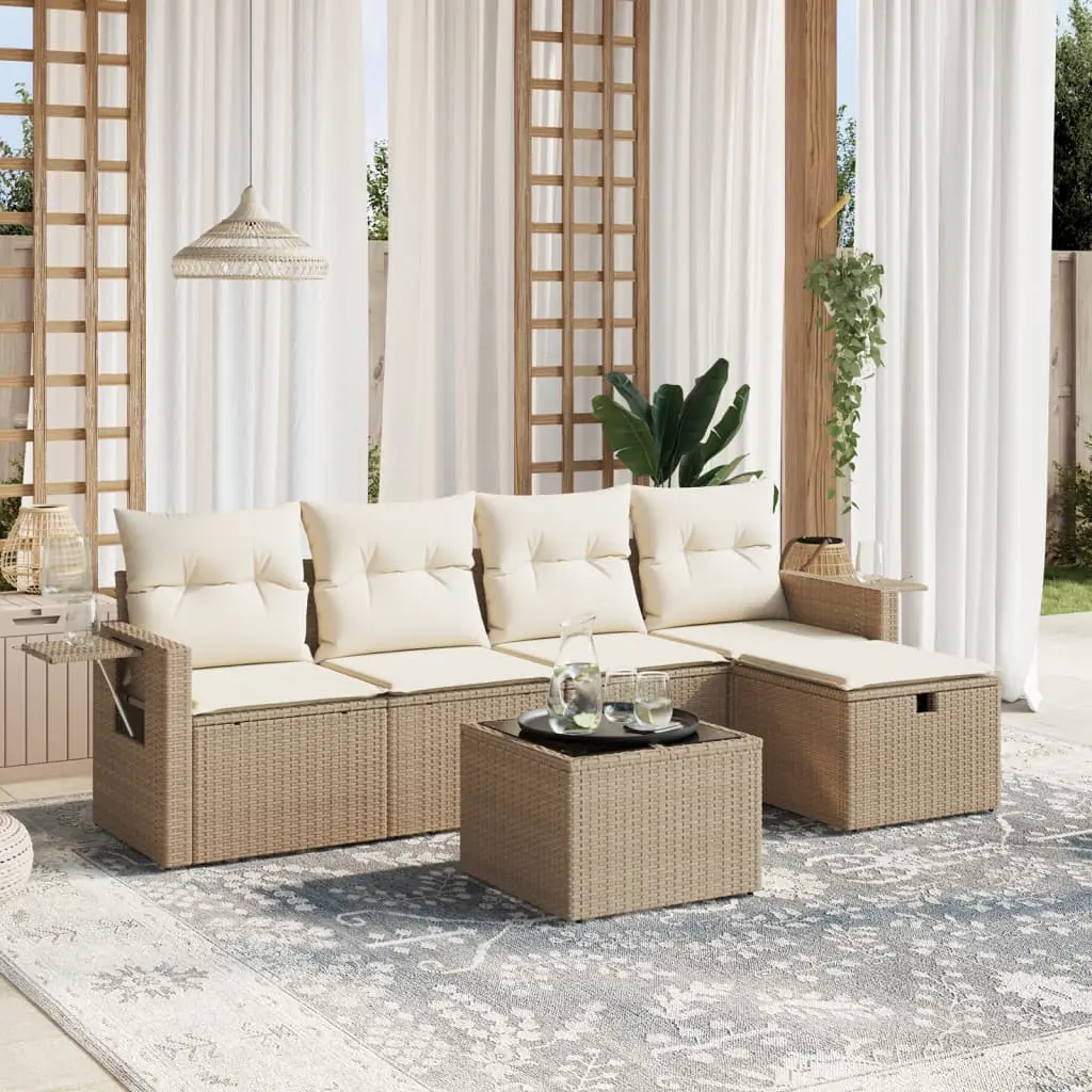 Set Divano da Giardino 6 pz con Cuscini Beige in Polyrattan