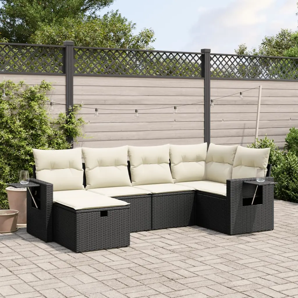 Set Divano da Giardino 6 pz con Cuscini Nero in Polyrattan