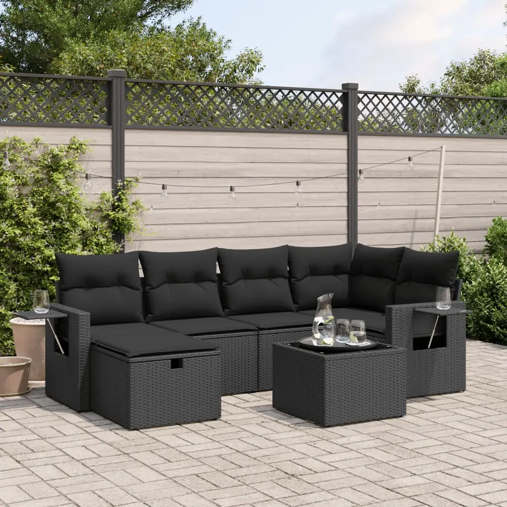 Set Divani da Giardino con Cuscini 7pz Nero Polyrattan