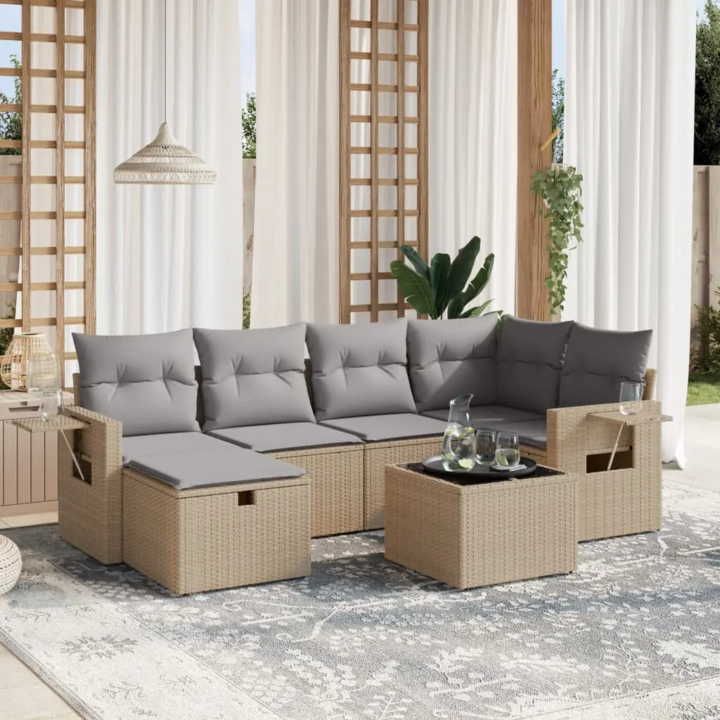 Set Divano da Giardino 7 pz con Cuscini Beige Misto Polyrattan