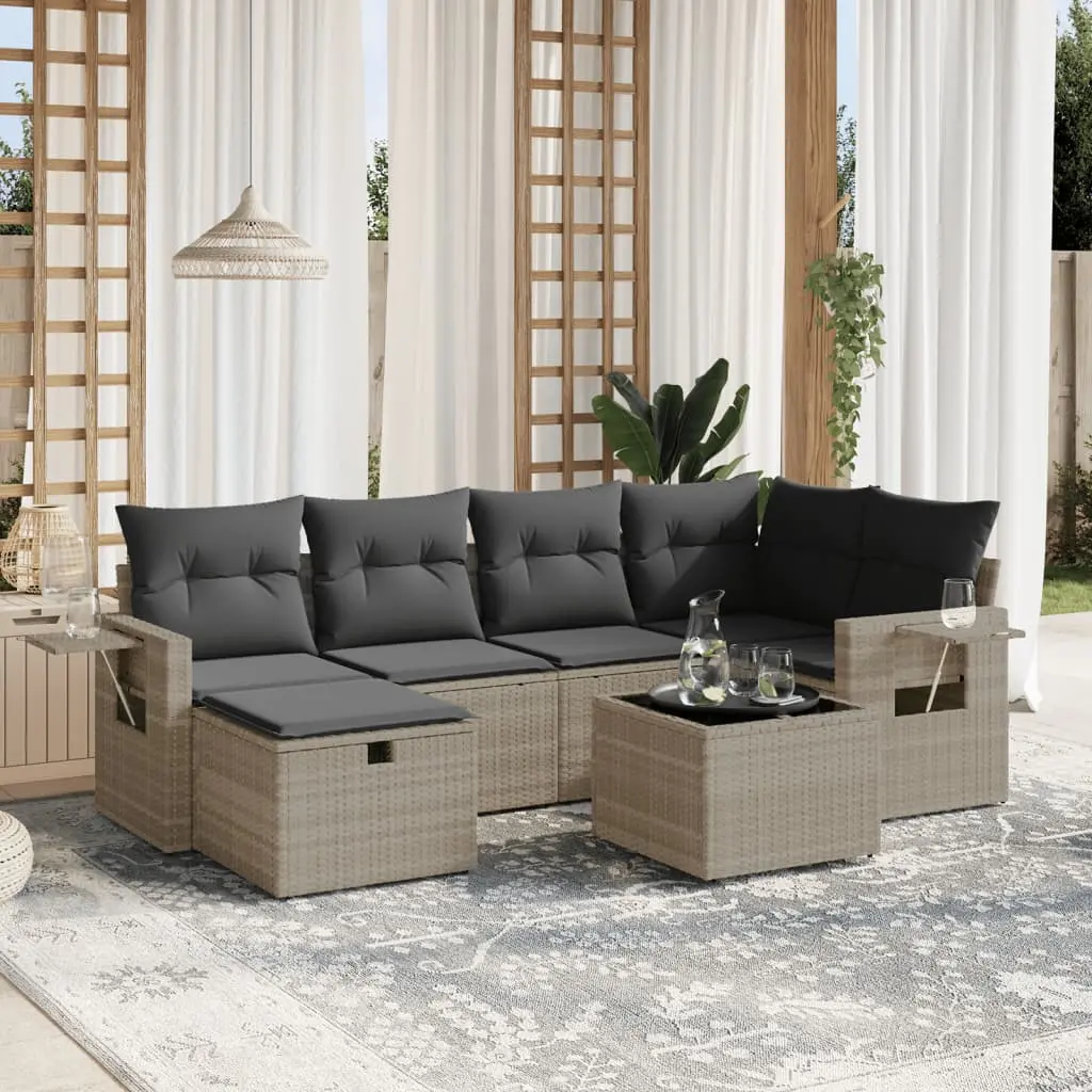 Set Divani da Giardino 7pz con Cuscini Grigio Chiaro Polyrattan