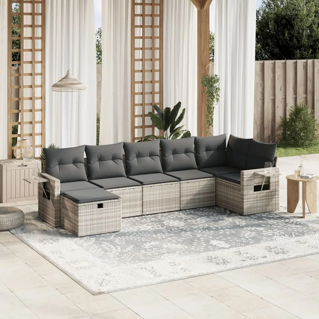 Set Divani da Giardino 7pz con Cuscini Grigio Chiaro Polyrattan