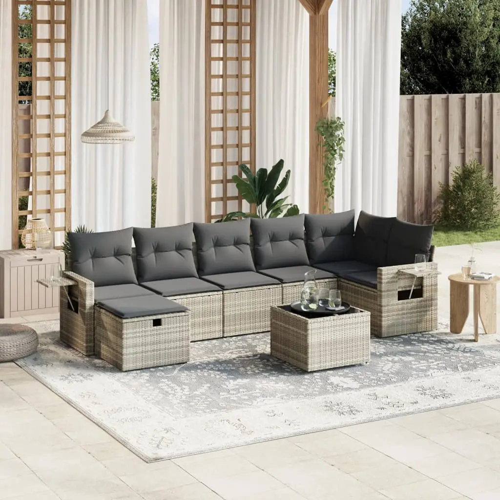 Set Divano da Giardino 8pz con Cuscini Grigio Chiaro Polyrattan