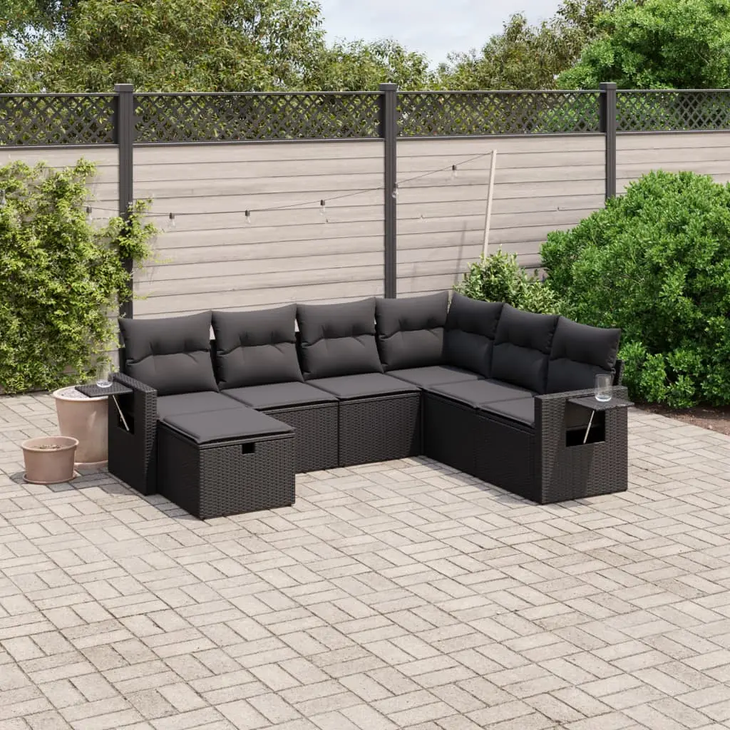 Set Divani da Giardino con Cuscini 7pz Nero Polyrattan