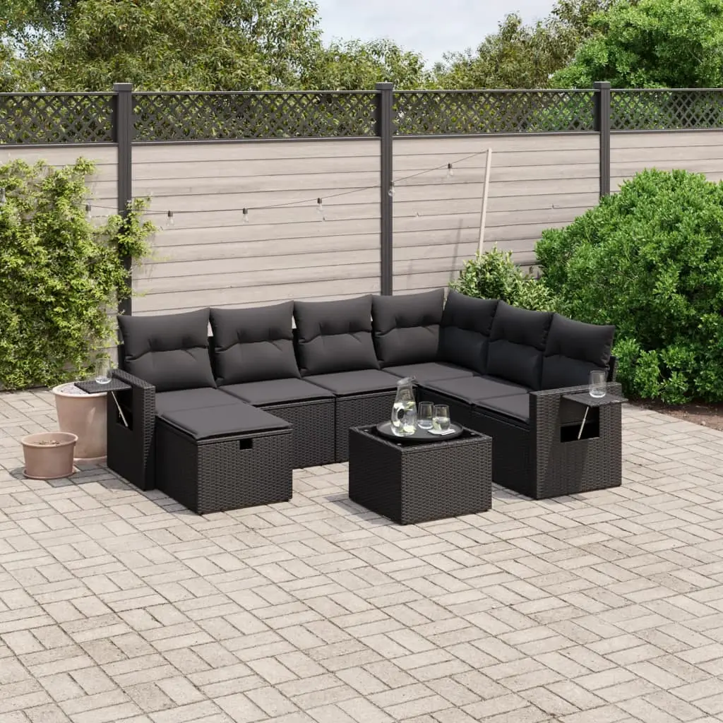 Set Divani da Giardino con Cuscini 8 pz Nero in Polyrattan