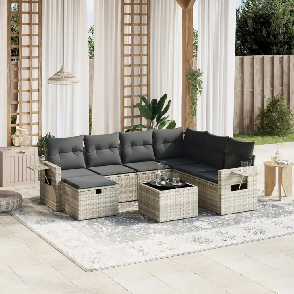 Set Divano da Giardino 8pz con Cuscini Grigio Chiaro Polyrattan