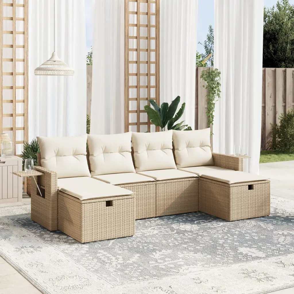 Set Divano da Giardino 6 pz con Cuscini Beige in Polyrattan