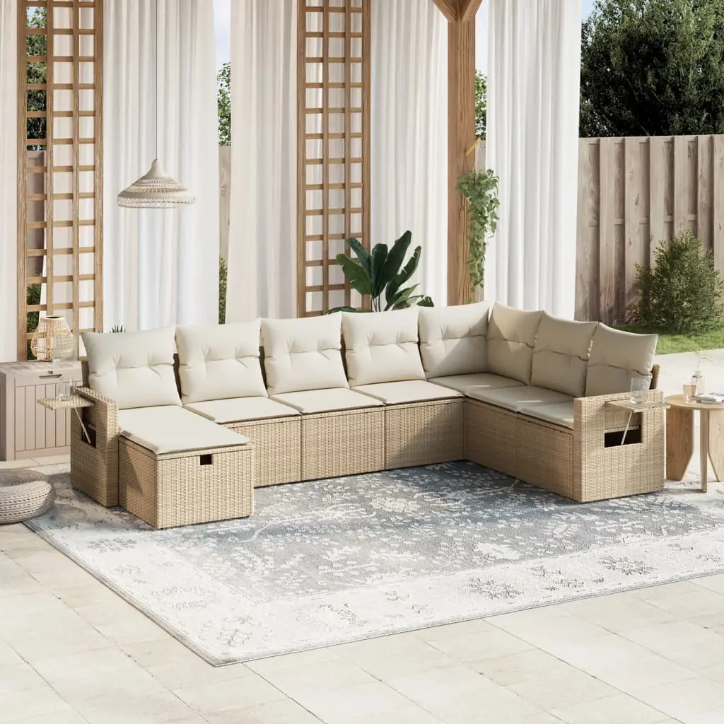 Set Divano da Giardino 8 pz con Cuscini Beige in Polyrattan