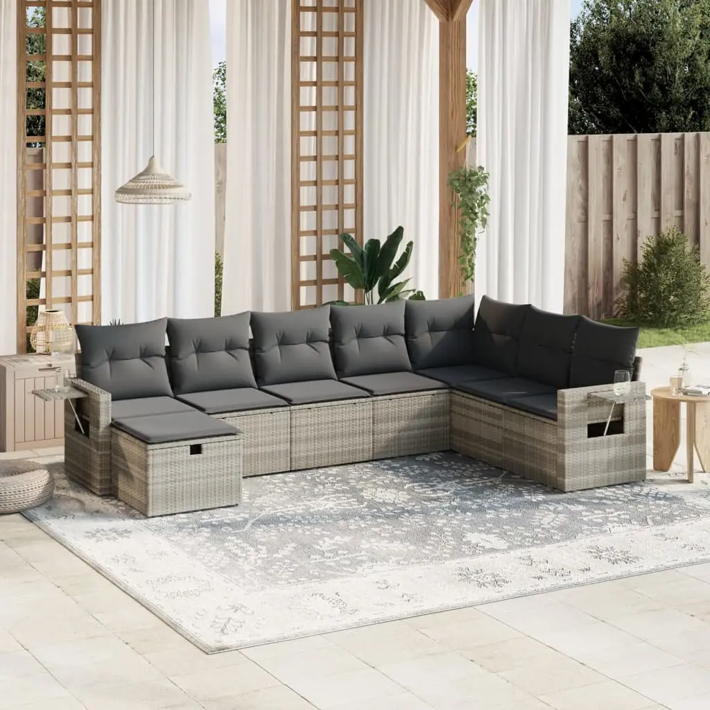 Set Divano da Giardino 8pz con Cuscini Grigio Chiaro Polyrattan