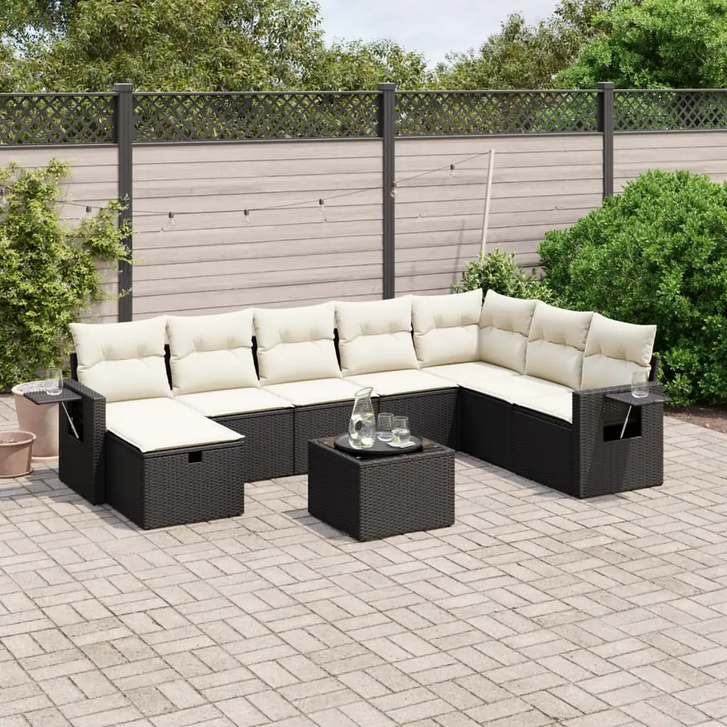 Set Divani da Giardino 9 pz con Cuscini Nero in Polyrattan