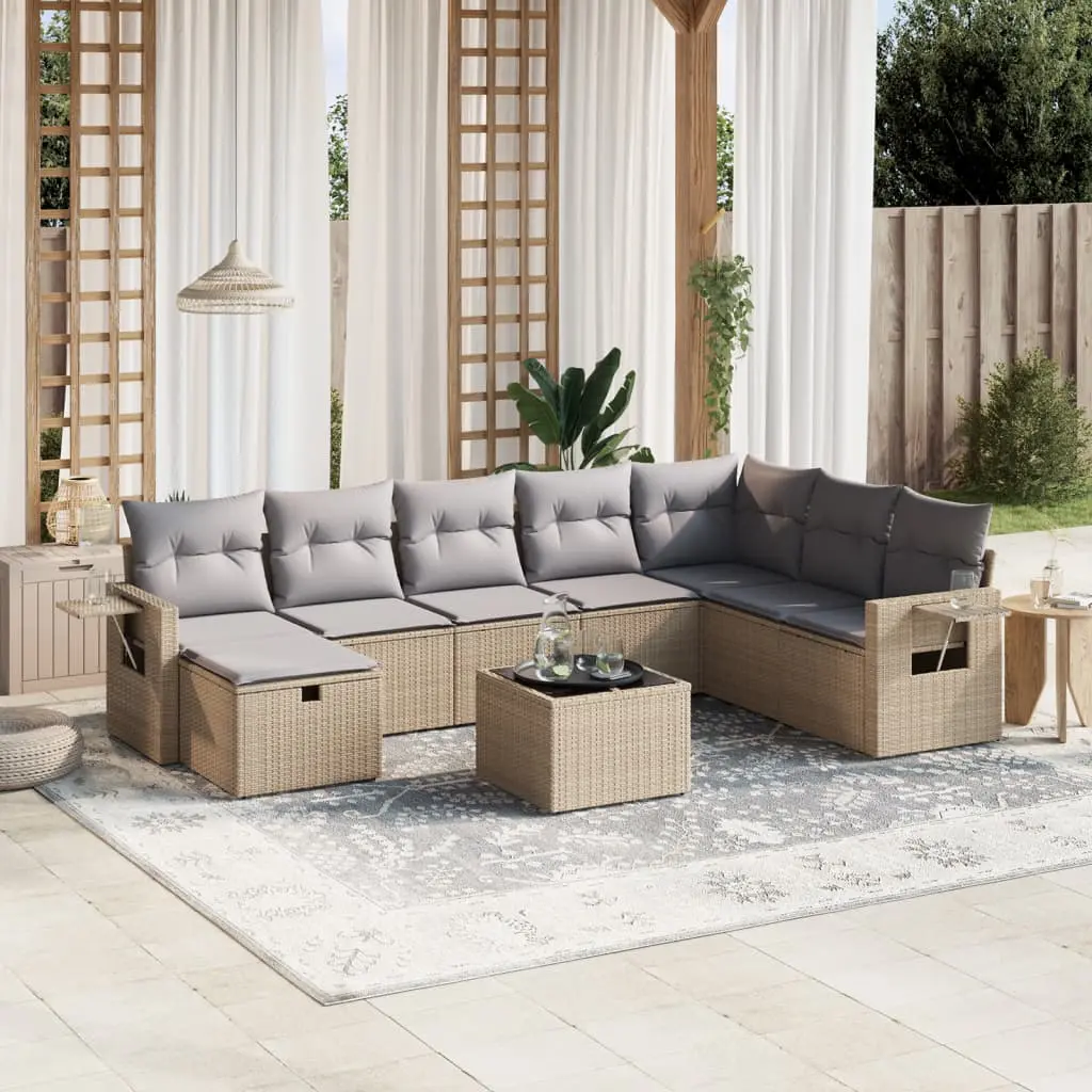 Set Divano da Giardino 9 pz con Cuscini Beige Misto Polyrattan