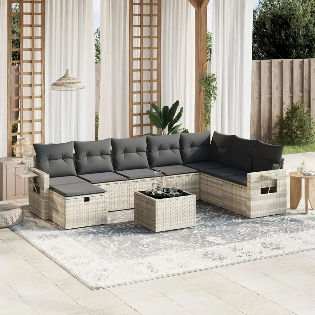 Set Divano da Giardino 9pz con Cuscini Grigio Chiaro Polyrattan