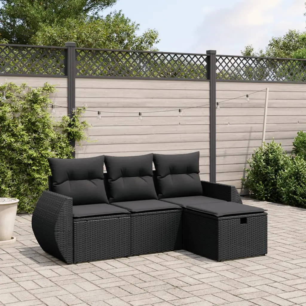 Set Divani da Giardino 4 pz con Cuscini Nero in Polyrattan