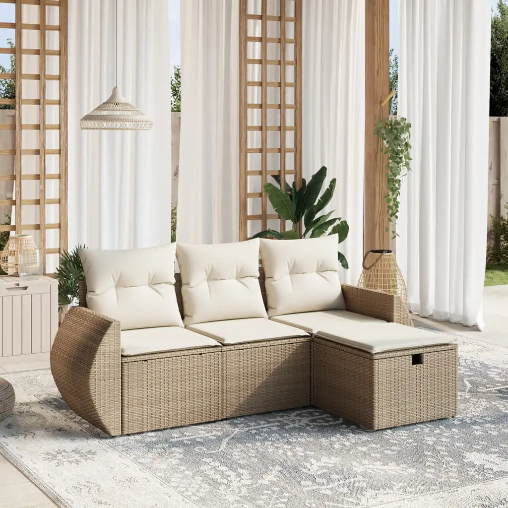 Set Divano da Giardino 4 pz con Cuscini Beige in Polyrattan