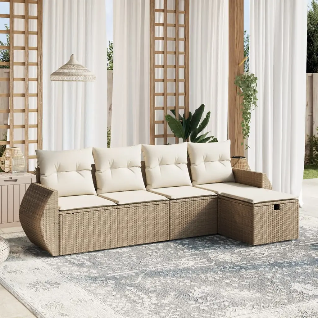 Set Divano da Giardino 5 pz con Cuscini Beige in Polyrattan