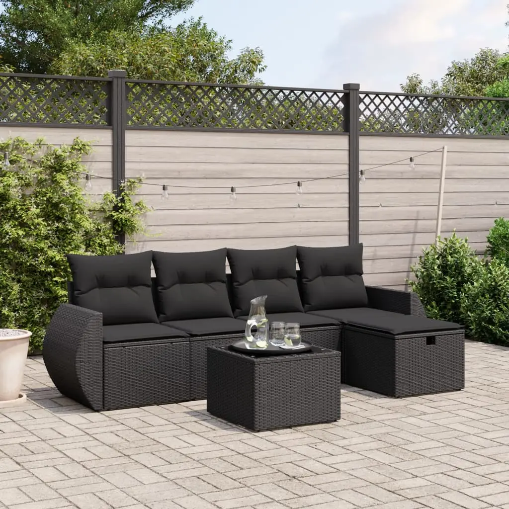 Set Divano da Giardino 6 pz con Cuscini Nero in Polyrattan