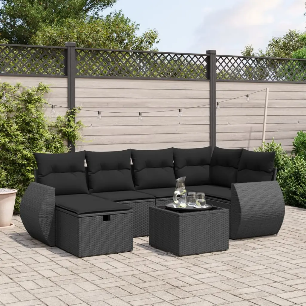 Set Divani da Giardino con Cuscini 7pz Nero Polyrattan