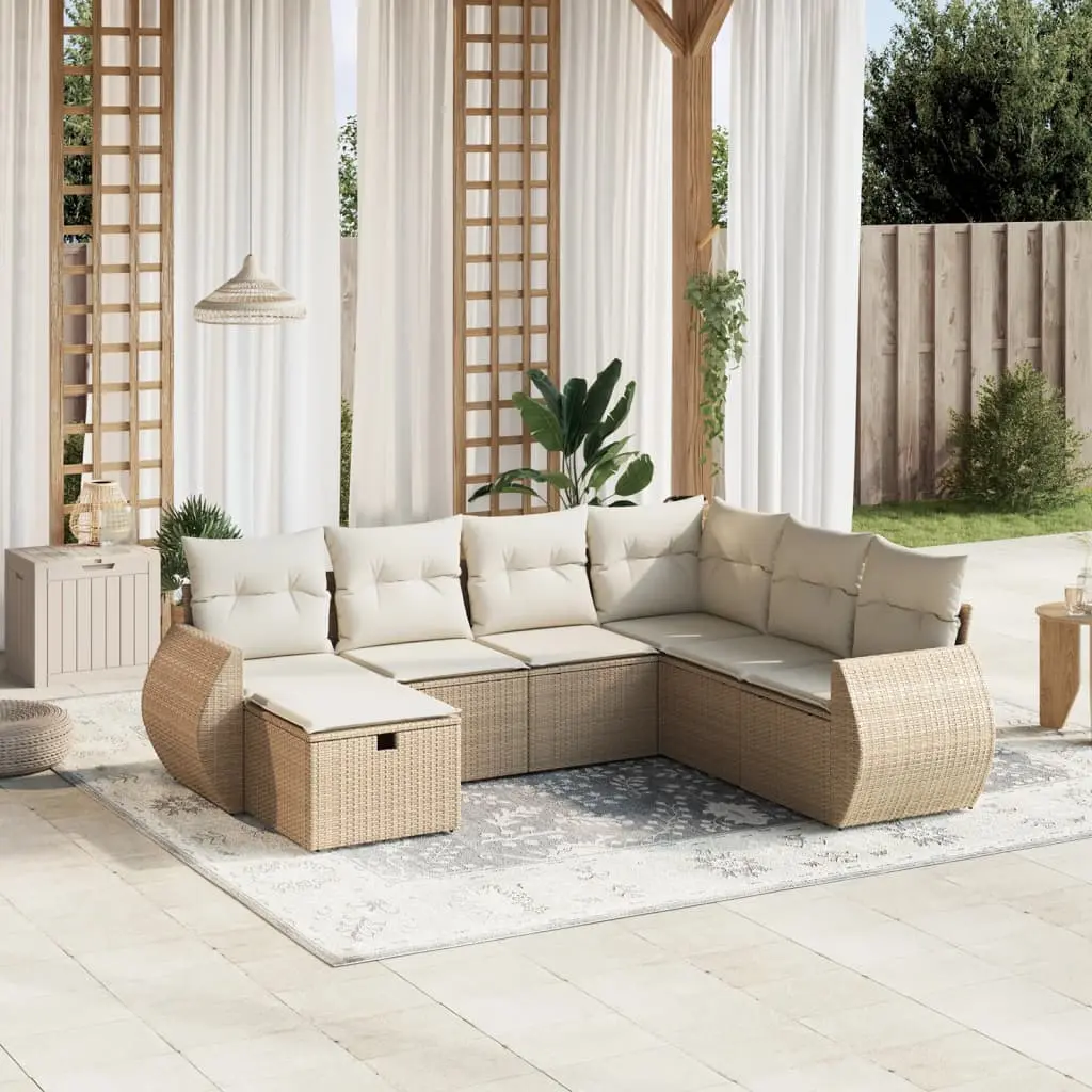 Set Divani da Giardino 7 pz con Cuscini Beige in Polyrattan