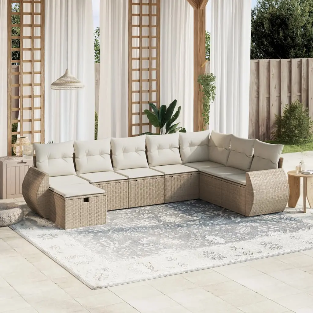 Set Divano da Giardino 8 pz con Cuscini Beige in Polyrattan