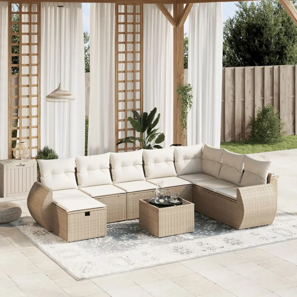 Set Divano da Giardino 9 pz con Cuscini Beige in Polyrattan