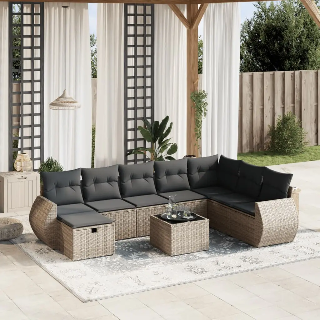 Set Divano da Giardino 9 pz con Cuscini Grigio in Polyrattan