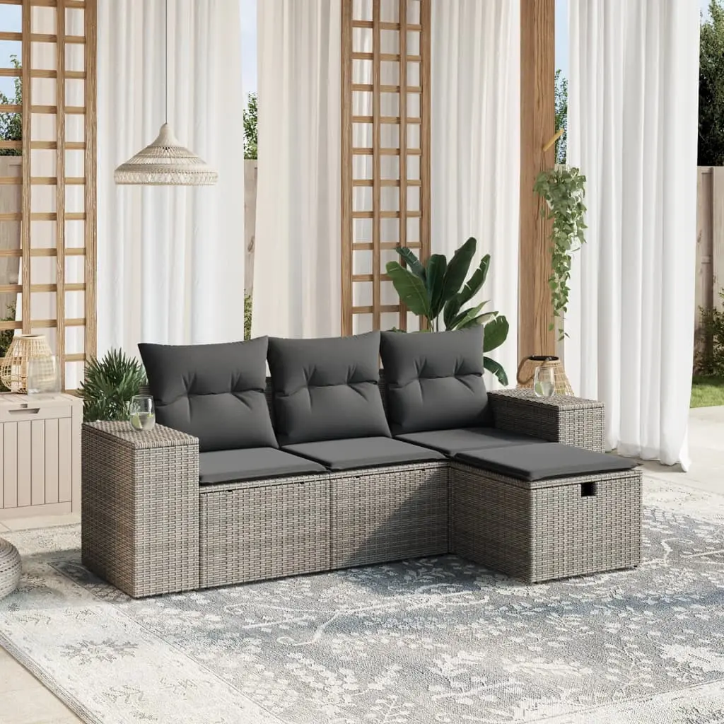 Set Divani da Giardino 4 pz con Cuscini in Polyrattan Grigio