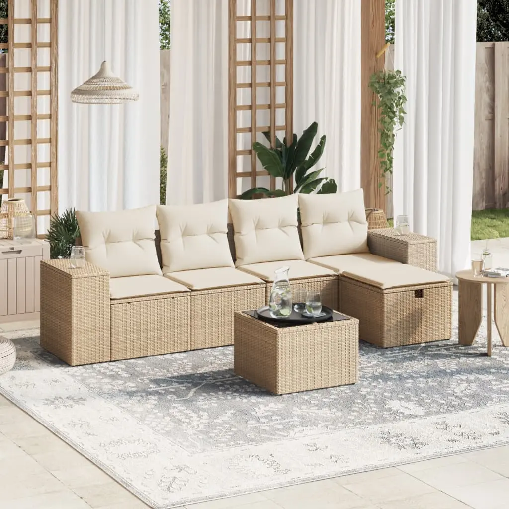 Set Divano da Giardino 6 pz con Cuscini Beige in Polyrattan