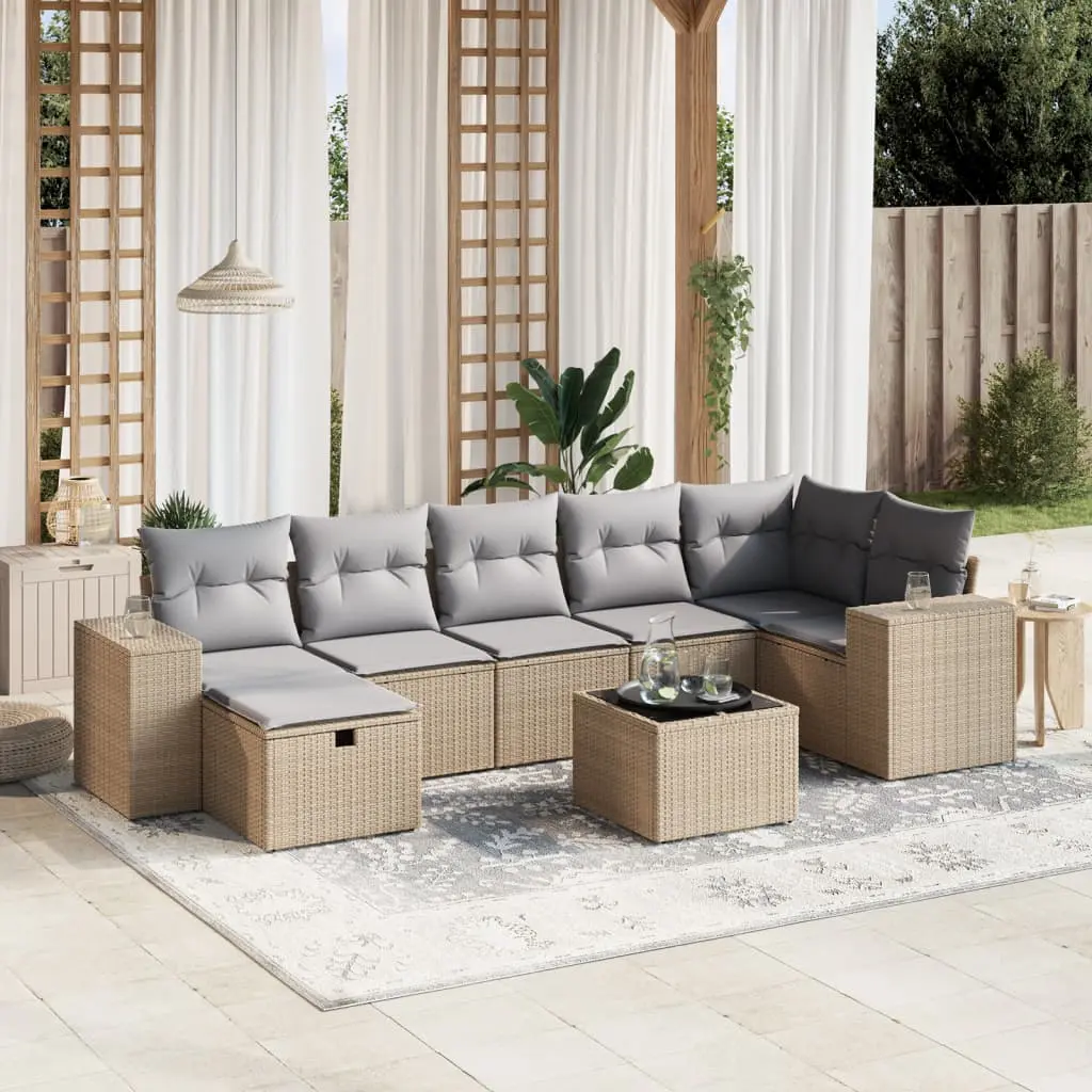 Set Divano da Giardino 8 pz con Cuscini Beige Misto Polyrattan