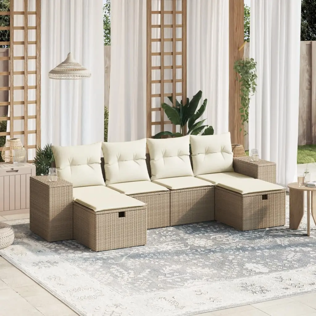 Set Divano da Giardino 6 pz con Cuscini Beige in Polyrattan