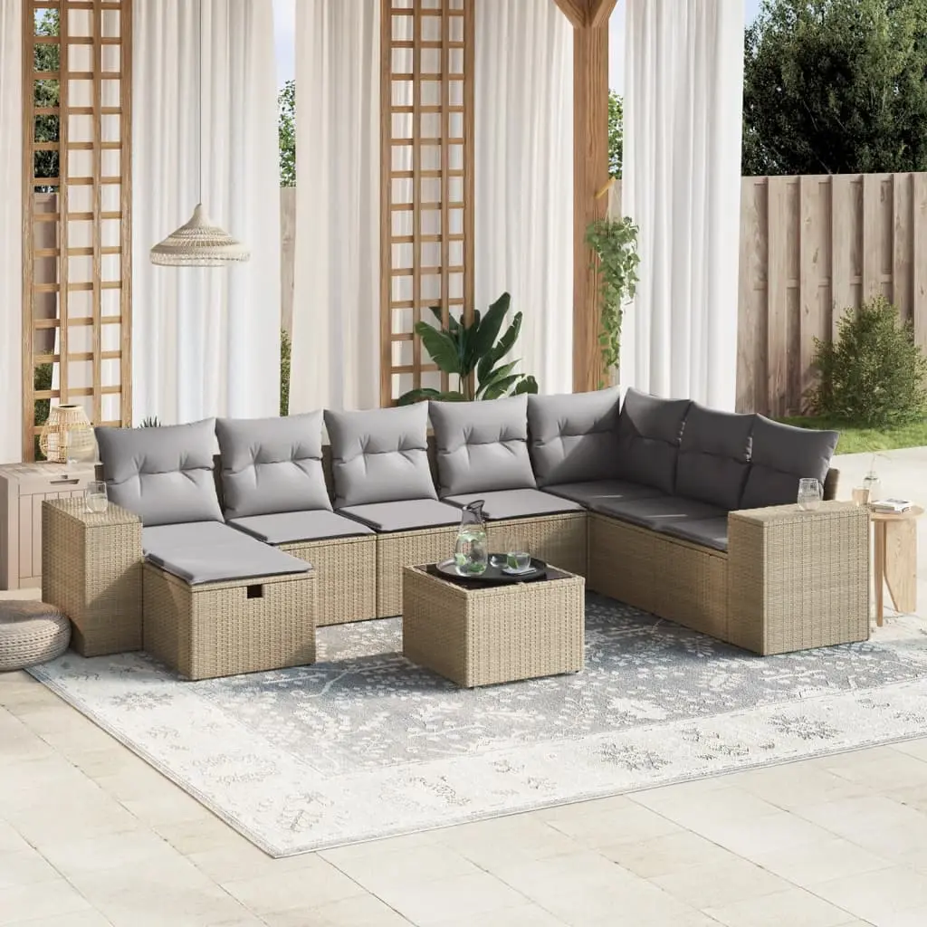 Set Divano da Giardino 9 pz con Cuscini Beige Misto Polyrattan