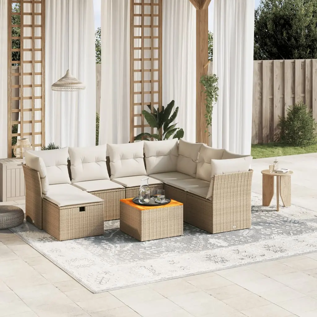 Set Divano da Giardino 8 pz con Cuscini Beige in Polyrattan