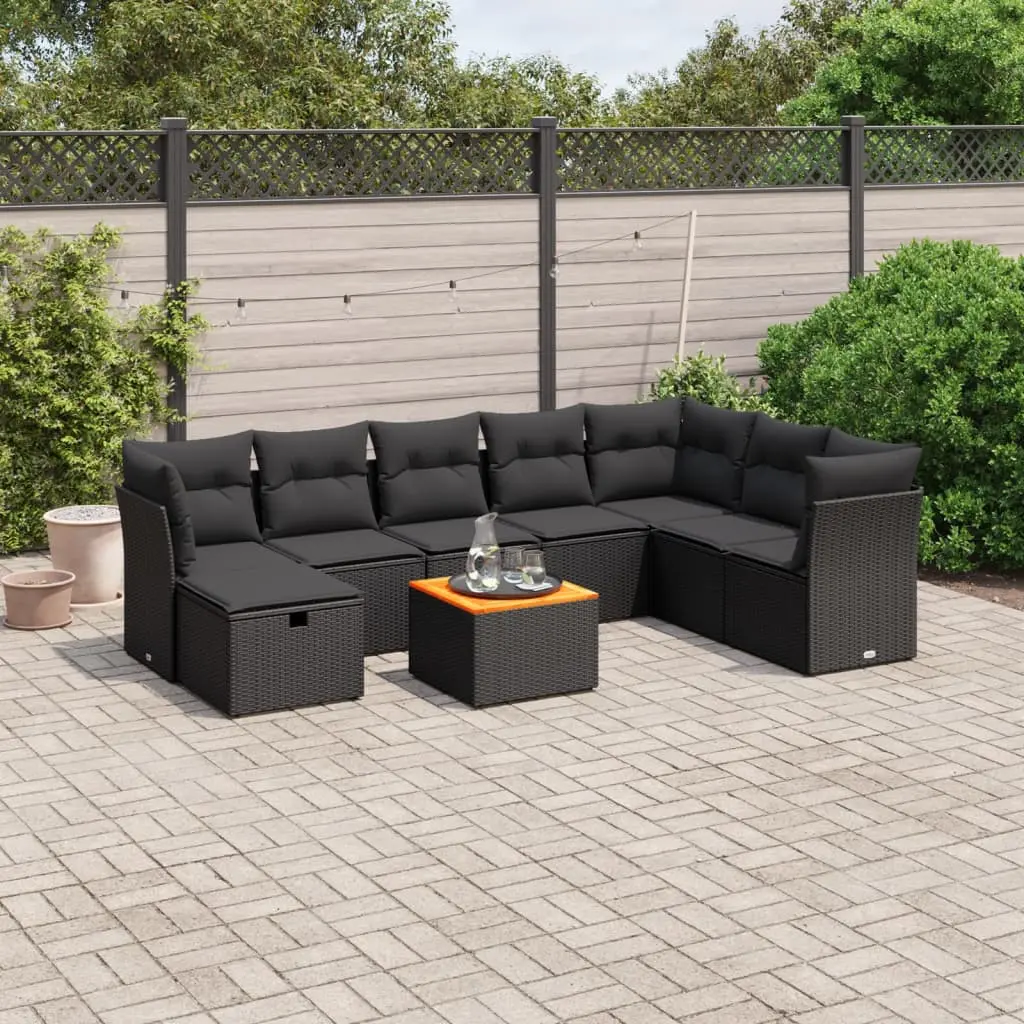 Set Divani da Giardino 9 pz con Cuscini Nero in Polyrattan