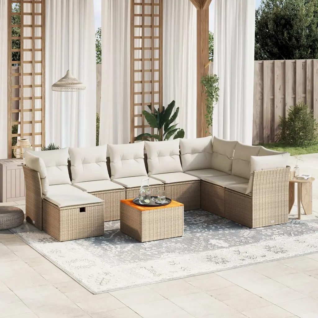 Set Divano da Giardino 9 pz con Cuscini Beige in Polyrattan